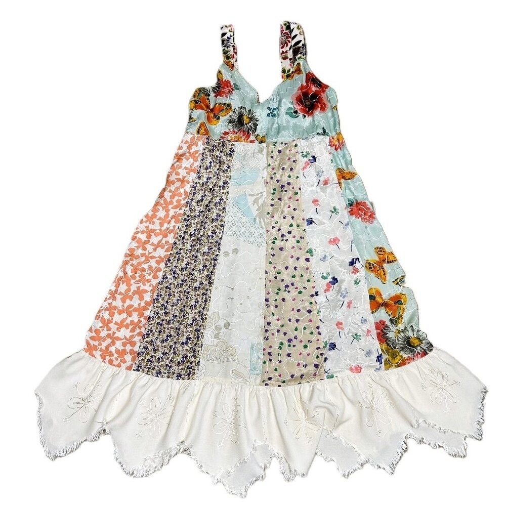 Blue Sky Dress Women's Medium Vintage Y2K Floral Patchwork Embroidered Boho - Picture 2 of 16